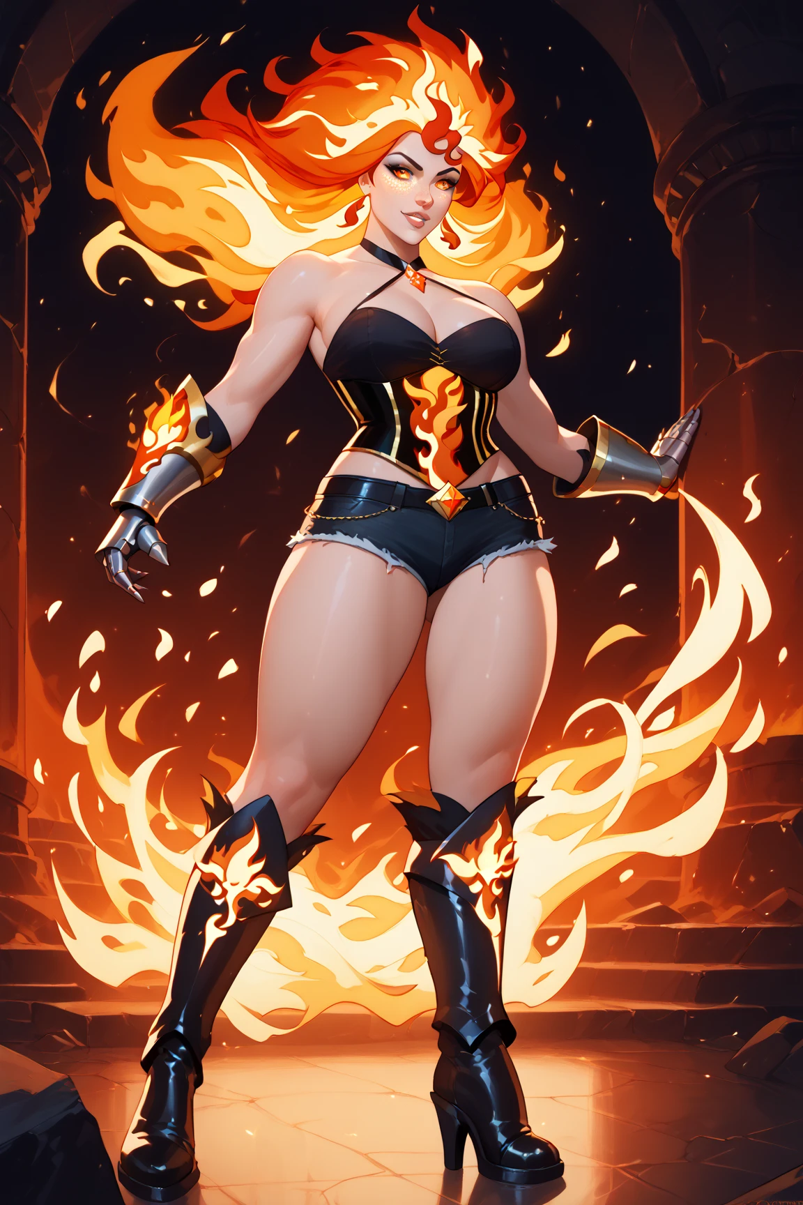 ((Unreal Engine 5)), (1girl:2), Realistic Rendering, Excellent, (fire empress dress:1.5), breastplate:1.3, arm armor, leg armor, (futuristic armor:1.3), looking on camera, (standing:2), (perfect body:1.5), beautiful face, makeup, CGImix, (photorealism:1.2), ultrarealistic uhd face, (huge soft boobs:1.5), (muscle abs:1.3), (big butt:1.3), (wide hips), (thick thighs:1.3), slim waist, hourglass figure, half body, ((glowing skin)), ((shiny skin)), Realistic body, ((she is sexy body)), ((clean skin)), photorealistic, bokeh, motion blur, masterpiece, highres, 1080P, super detail, textured skin.