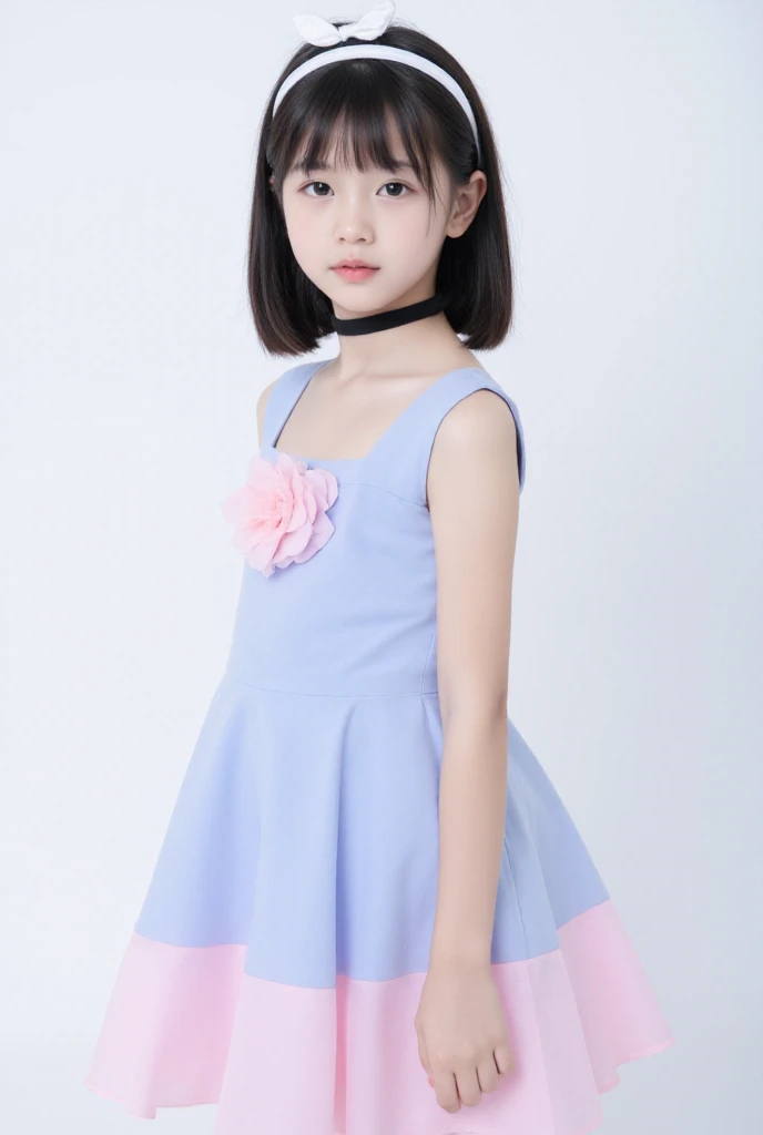 a young Asian girl stands against a stark white backdrop. She is dressed in a light blue sleeveless dress with a pink skirt. The skirt is adorned with a light pink flower, adding a touch of color to the scene. The girl's hair is styled in a sleek bob, with a white bow at the top of her head. She has a black choker around her neck. Her hair is pulled back in a ponytail, and she is wearing a white headband.