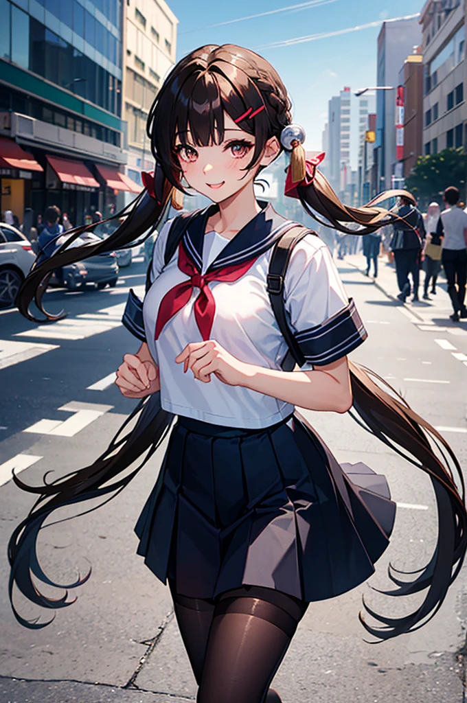 a  solo cute femboy , trap, sushang ,big breasts, black pantyhose, long hair, twintails, darkbrown hair, hairclip, wearing a japan short sleeve sailor high-school uniform , short blue skirt with black pantyhose, eye makeup, red face,emblassing,shy , smile , walking ,in a downtown city at afternoon time