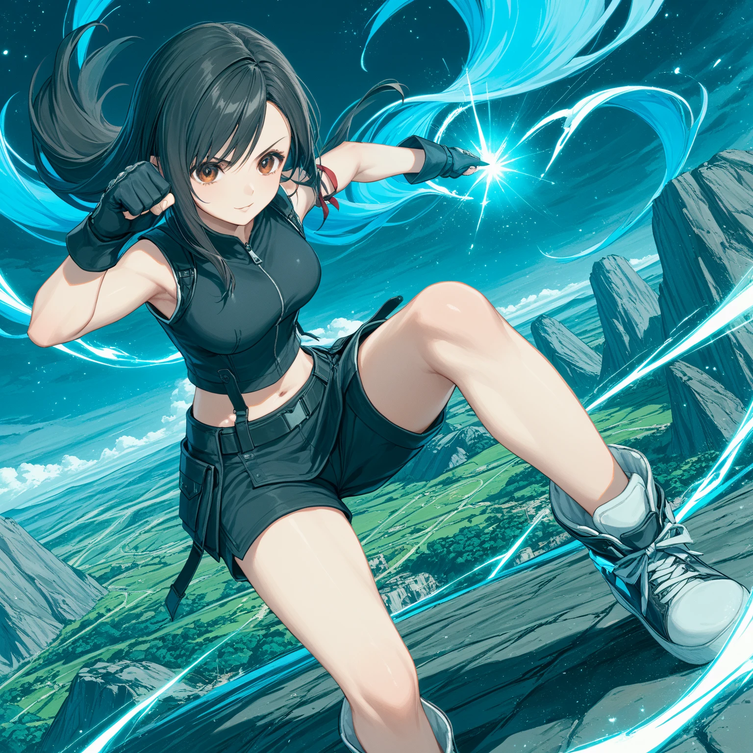 ,solo,1girl\(cute,kawaii,acTif, brown eyes, black hair, long hair, black shirt, black tank top, zipper, black skirt, midriff, black shorts, black gloves, arm ribbon, black sneakers,fighting stance,dynamic pose, dynamic action, dynamic angle,limit break\). background\(cosmic,lifestream,spirit energy, mana\),(dynamic angle:1.3),,landscape. score_9, score_8_up, score_7_up, score_6_up, score_5_up, score_4_up, source_anime,source_furry,rating_safe,rating_questionable,masterpiece, best quality, perfect anatomy , very aesthetic , absurdres ,