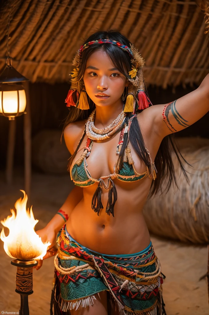 1 woman , 25 years、slim body, hyper detailed face、Detailed lips、A detailed eye、double eyelid、(Apache queen with tattoo all over body)、Smiling as you walk slowly down the apache village)、(apache dress with a lot of beads :1.2)、wearing beads gorget and gauntlet, (Glamorous body)、(Colossal tits)、thighs thighs thighs thighs, Perfect fit, Perfect image realism, Background with: (Wild wild west desert :1.2), Night time near bonfire, (Tall feather apache headress), (half naked 1.5), Cowboy Shot, In-depth background, detailed costume, Perfect lighting、Hyper-Realism、(Photorealsitic:1.4)、8K maximum resolution, (​masterpiece), highly detailed, Professional, waist shot, (spreading legs 1.5), lubed skin, showing her pussy, night background with fire torch, warm lighting