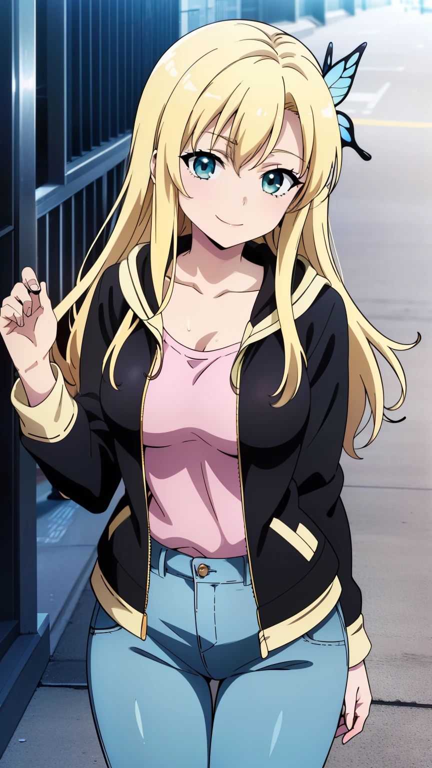 (masterpiece, best quality, high resolution, 8k:1.2), (anime coloring:1.2), 1girl, high resolution, unity 8k wallpaper, (beautiful detailed eyes:1.2), extremely detailed face, perfect lighting, extremely detailed CG, beautiful eyes, perfect eyes, detailed eyes, distinctive big highlights, symmetrical eyes, (mature face:1.1), blonde hair, long hair, bangs, green eyes, slim, (medium breasts:1.2), smile, (large butterfly hair clip:1.2),
(cowboy shot:1.2), (sexy pose:1.2), (perfect hands, perfect anatomy), solo, dutch angle, looking at viewer, nffsw, (rainbow parka jacket, collarbone, denim pants, street corner, town, smile),