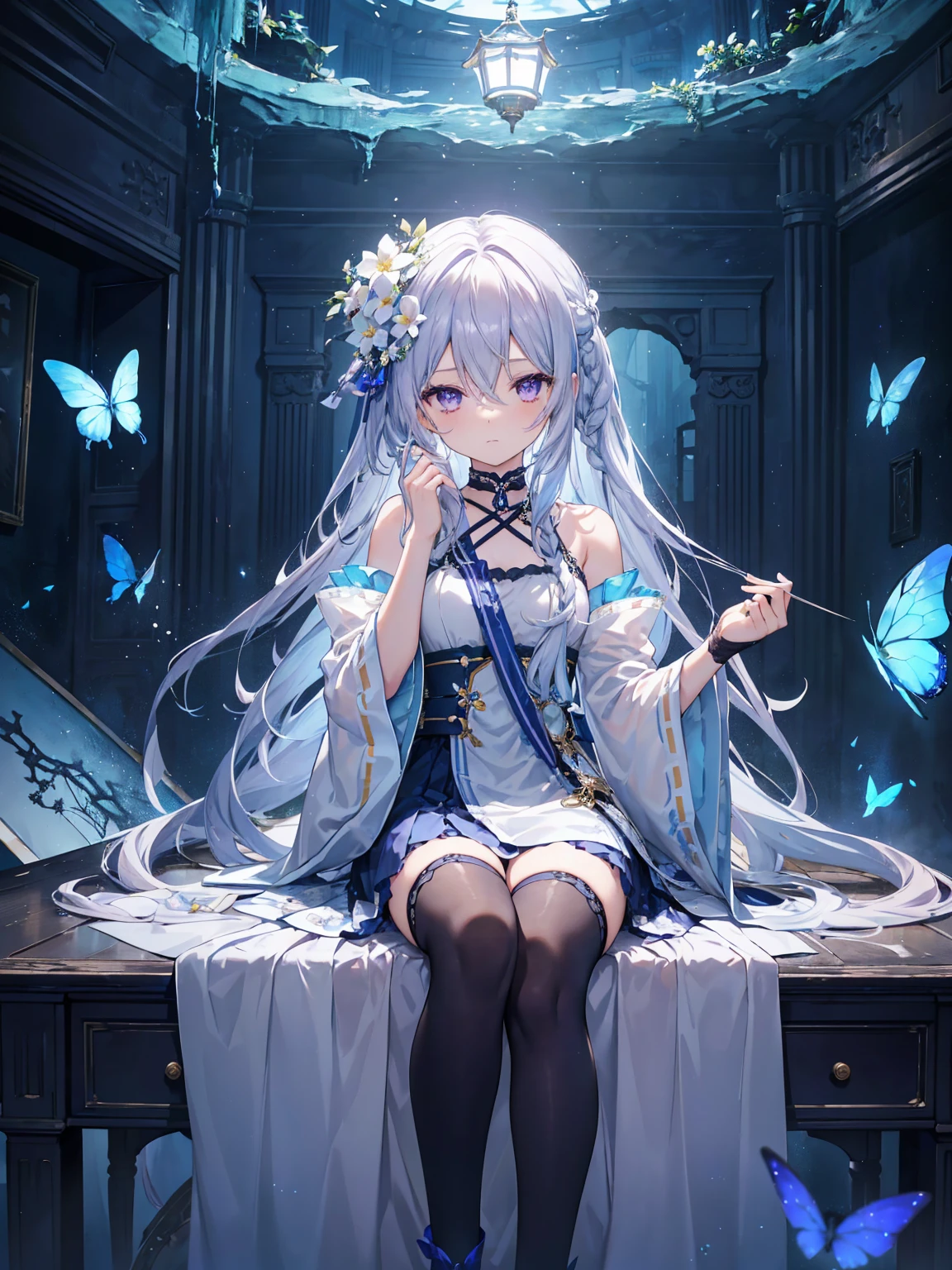 Highly detailed, 8K, Masterpiece, 1girll, Blue frills_Hair_conduit, dress, curving_polypubic hair , fake smile, (Perfect_face), Sitting, desk, opulent, Intricate, Dramatic lighting, 4K, Detailed_Background, Caustics, full_Body, (Hyperrealistic:1.3), full bloom,(Beautiful lighting:1.3), Caustics, Dynamic lighting, Beautiful lighting,