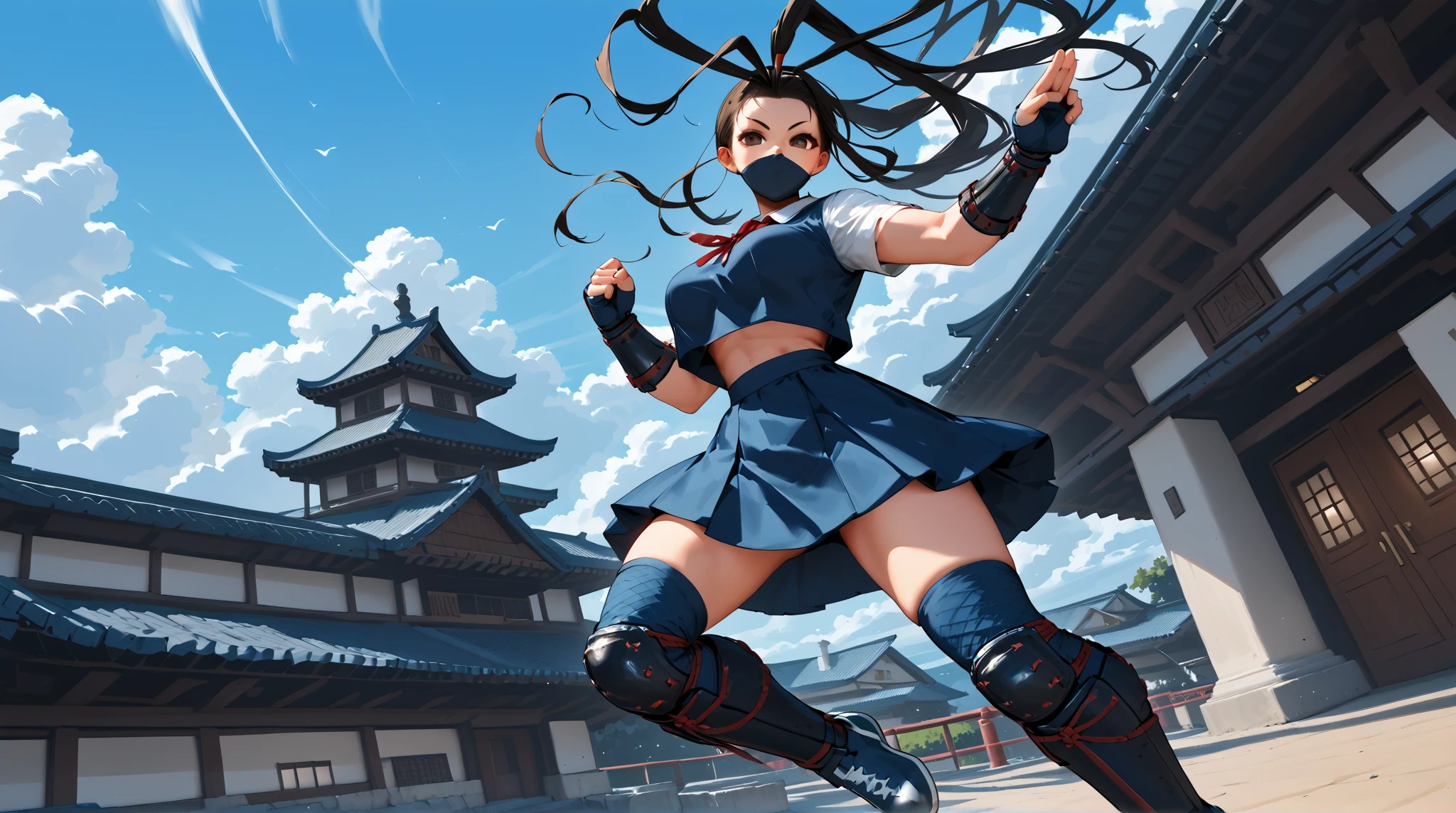 ,solo,1girl\(cute,big eyes,big breast,IbukiSF,long hair,skirt,black hair,thighhighs,gloves,brown eyes,very long hair,(school uniform),ponytail,fingerless gloves,armor,(black mask),antenna hair,japanese armor,knee pads,kote,shin guards,ibuki\(street fighter\),dynamic action,(dynamic pose:1.3), (jumping:1.5),(in the air:1.4),(aerial action:1.3),(Parkour:1.3),muscular,seductive, glamorous\).(from below:1.3), background\(tanuki,(many kunai:1.3) shot toward viewer,over the roof of old (kyoto) temple\),(dynamic angle:1.3), Dutch angle. score_9, score_8_up, score_7_up, score_6_up, score_5_up, score_4_up, source_anime,source_furry,rating_safe,rating_questionable,masterpiece, best quality, perfect anatomy , very aesthetic , absurdres ,