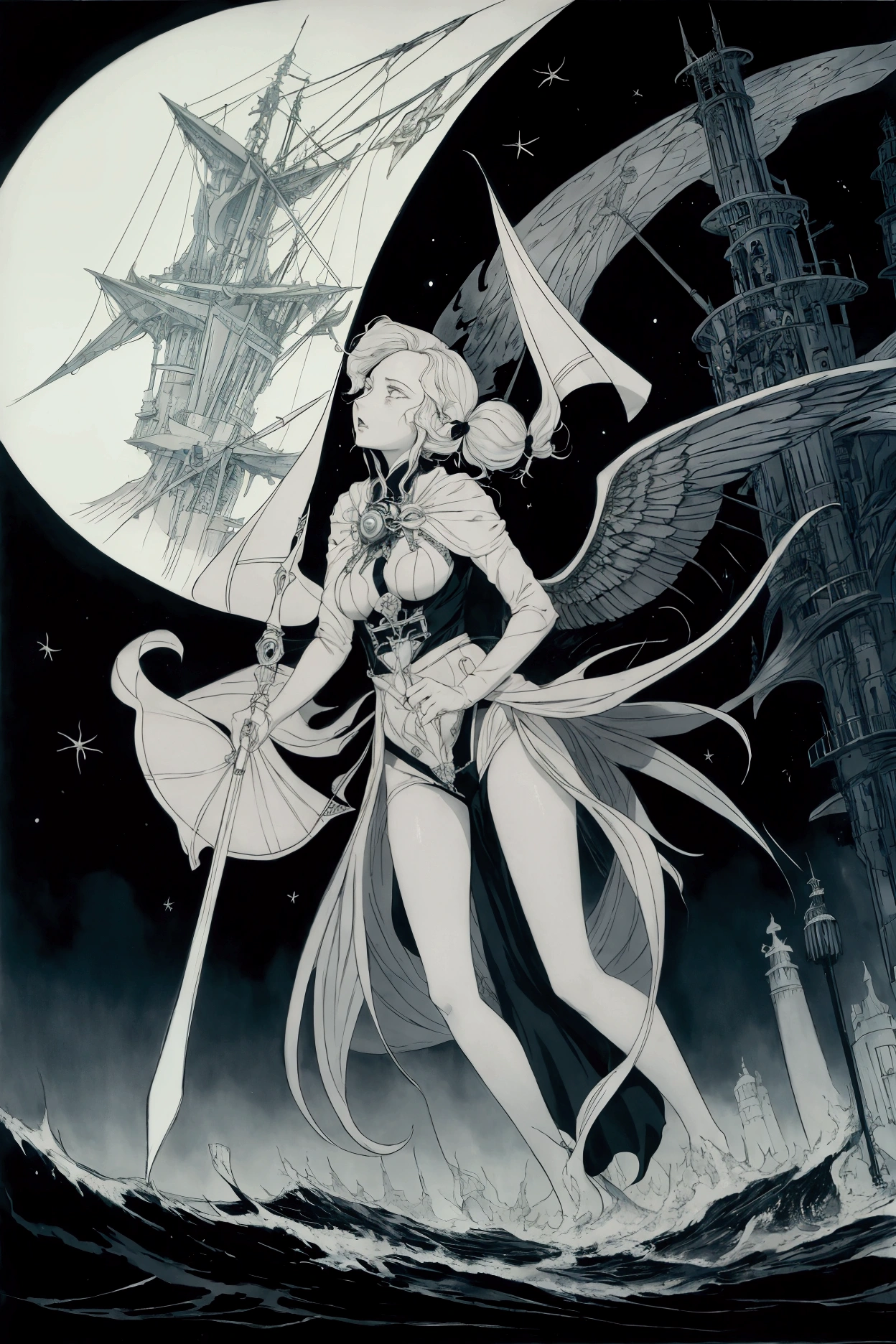 Kay Nielsen, Becky Cloonan, Edmond Dulac, Masamune Shirow,  Renáta Fučíková, Surrealism, wonder, strange, fantastical, fantasy, Sci-fi, Japanese anime, visible darkness, walking at night, sailing ship sailing through a high tower, the fall of a miniskirt beautiful girl angel, perfect voluminous body, detailed masterpiece Hyper realistic sharp focus excited shy blushing sweating embarrassed coquettish cute scared happy zoom in angles perspectives 