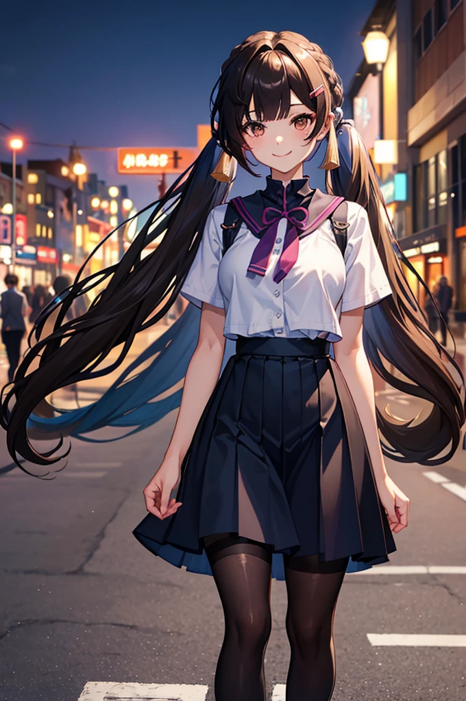 a solo cute femboy , trap, sushang ,big breasts, black pantyhose, long hair, twintails, darkbrown hair, hairclip, wearing a japan short sleeve sailor high-school uniform , short blue skirt with black pantyhose, eye makeup, red face,emblassing,shy , smile , walking ,in a downtown city at night time