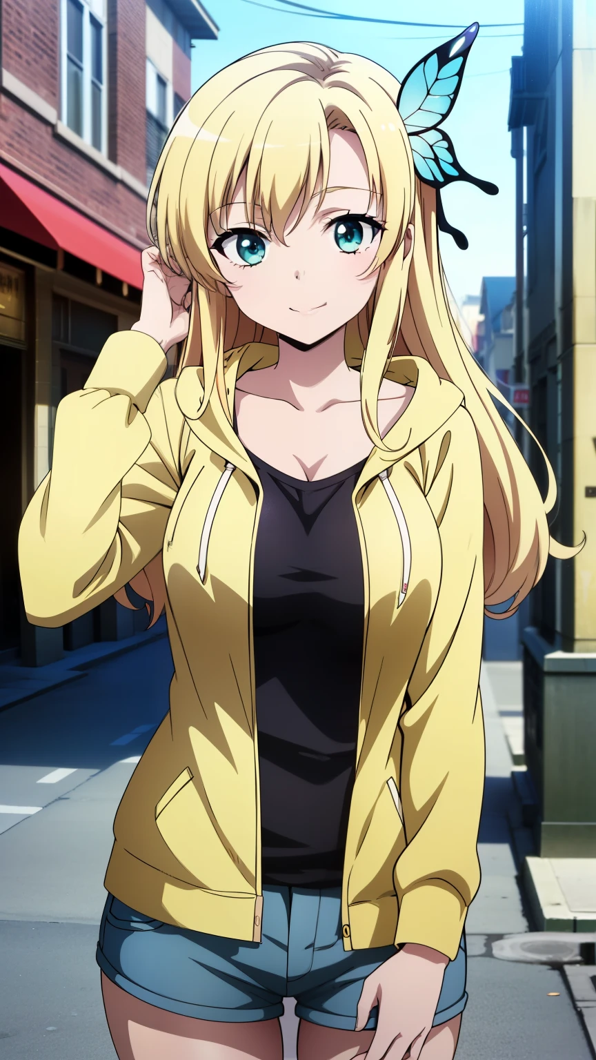 (masterpiece, best quality, high resolution, 8k:1.2), (anime coloring:1.2), 1girl, high resolution, unity 8k wallpaper, (beautiful detailed eyes:1.2), extremely detailed face, perfect lighting, extremely detailed CG, beautiful eyes, perfect eyes, detailed eyes, distinctive big highlights, symmetrical eyes, (mature face:1.1), blonde hair, long hair, bangs, green eyes, slim, (medium breasts:1.2), smile, (large butterfly hair clip:1.2),
(cowboy shot:1.2), (sexy pose:1.2), (perfect hands, perfect anatomy), solo, dutch angle, looking at viewer, nffsw, (rainbow parka jacket, collarbone, denim shorts, street corner, town, smile),
