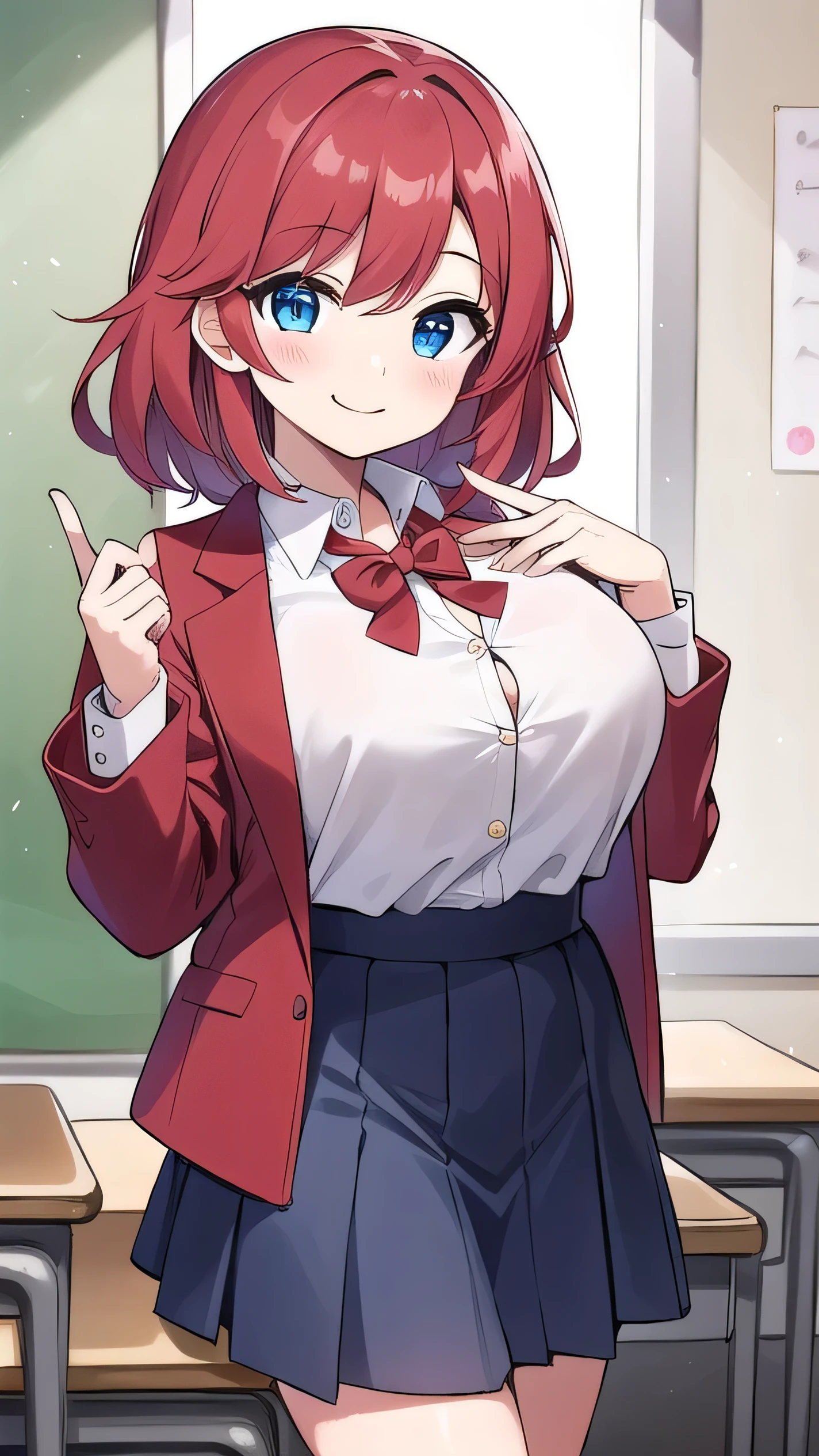 Big breasts, red hair, blue eyes, droopy eyes, red jacket, long sleeves, navy skirt, elementary school student, super big breasts, (medium hair: 1), baggy clothes, elementary school student, young face, short height, 10 years old, old, shy Agari, smiling a little, trying to unbutton his shirt in the classroom, white shirt, soft hair,straight hair