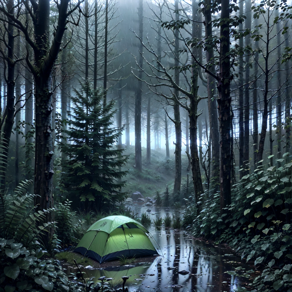 camping in heavy rain, dark sky, Dense forest, Rainy night, Rain, Rainy, Heavy Rain, Rainstorm, One large tent, Tent, Camping