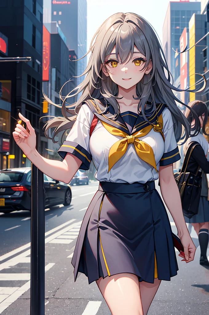 a solo cute femboy , stelle hsr ,gray hair, long hair, yellow eyes, large breasts ,wearing a japan short sleeve sailor high-school uniform , short blue skirt with black pantyhose, eye makeup, red face,emblassing,shy , smile , walking ,in a downtown city at night time