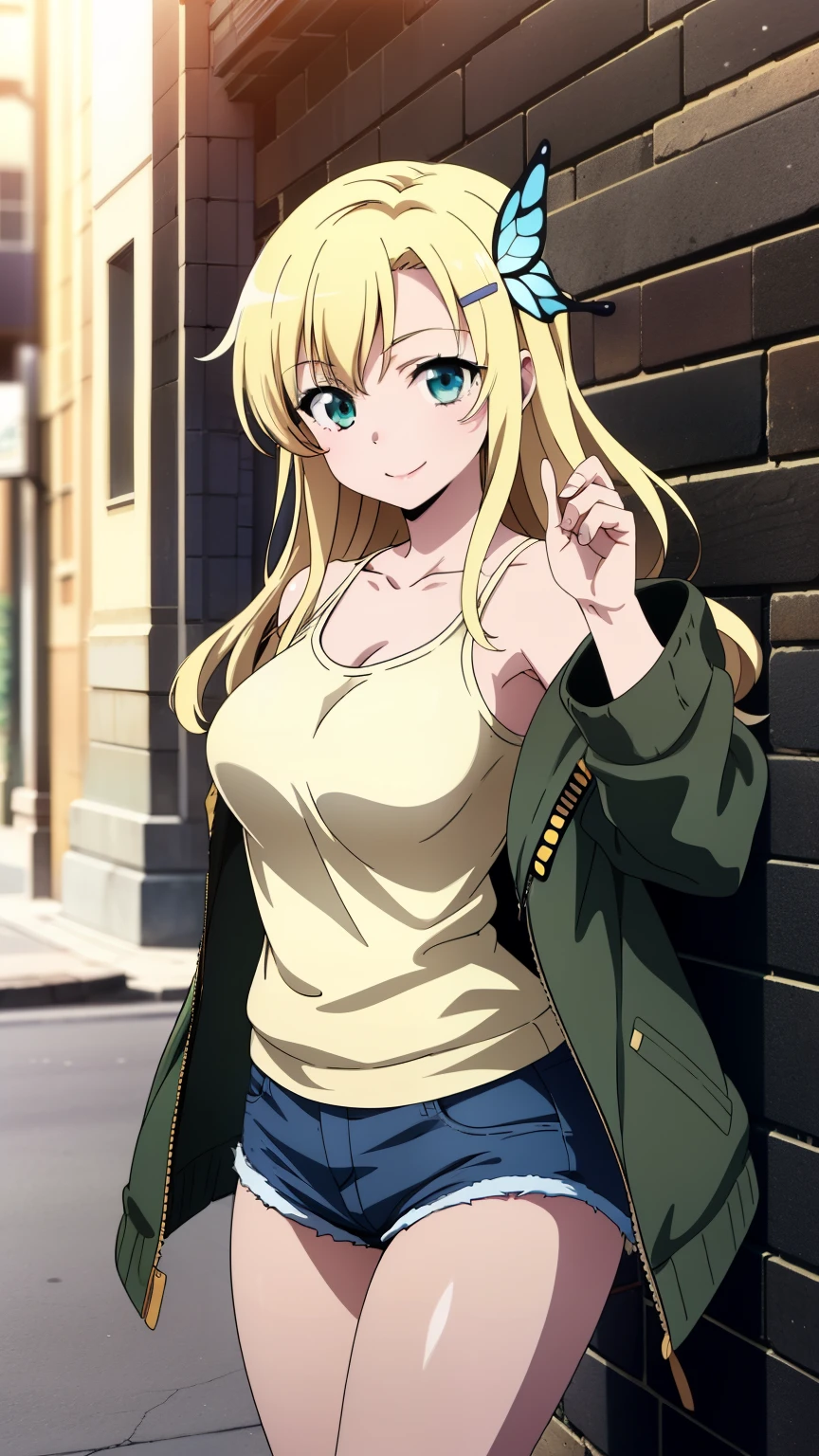 (masterpiece, best quality, high resolution, 8k:1.2), (anime coloring:1.2), 1girl, high resolution, unity 8k wallpaper, (beautiful detailed eyes:1.2), extremely detailed face, perfect lighting, extremely detailed CG, beautiful eyes, perfect eyes, detailed eyes, distinctive big highlights, symmetrical eyes, (mature face:1.1), blonde hair, long hair, bangs, green eyes, slim, (medium breasts:1.2), smile, (large butterfly hair clip:1.2),
(cowboy shot:1.2), (sexy pose:1.2), (perfect hands, perfect anatomy), solo, dutch angle, looking at viewer, nffsw, (rainbow parka jacket, collarbone, tank tops, denim shorts, street corner, town, smile),