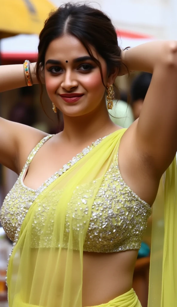 Sexy beautiful indian bhabhi, bindi on forehead,bog huge enormous gigantic humgous breast, hand's on head showing dark hairy armpits,hair bun, voluptuous curvy attractive figure,sexy beautiful eyes, eyelashes, lucious lips,big cheeks, earrings,big large breast,chrome plated strapless bra, yellow glossy transparent half drape saree,deep cleavage, showing midriff,navel, showing deep cleavage,Background crowded market with people looking at her breast , (cinematic:1.3), intricate details, (ArtStation:1.2)