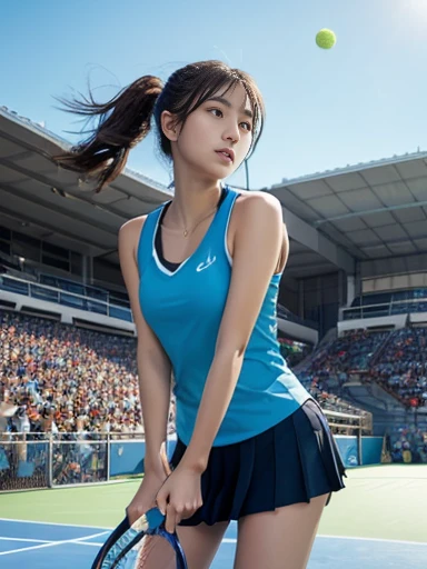 (最high quality, High resolution, masterpiece :1.3), Dressed, (Realistic: 1.4), (超Realisticな: 1.4), (Realistic: 1.3), (Smooth lighting: 1.05), (Improving the quality of cinema lighting: 0.9), 32k, 1 Girl, 20-year-old girl, Realistic lighting, Backlight, Face Light, Ray Tracking, (Bright light: 1.2), (Quality improvement: 1.4), (Quality improvement: 1.4), (high quality, Realistic textured skin: 1.4), fine grain, Detailed face, quality eyes, (tired, Sleepy and satisfied: 0.0), Dark blue tennis wear: 1.3, (Accentuates body lines: 1.1), (Enhances the beauty of skin texture: 1.1), Korean Idol, Nogizaka idol, idol carving, actress, Fashion model posing