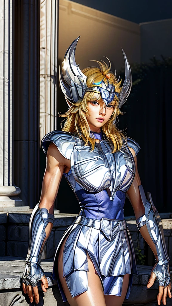 masterpiece, best quality, ultra high res, realistic skin texture, armor, (photorealistic: 1.4), high resolution, raw photo, shiny skin, (skin detail: 1.2), realistic skin texture, better lighting, (perfect chest: 1.3), brightness, dramatic lighting, dynamic pose, (greek temple background: 1.3), night sky, cosmos, milky way, 1boy, (short blonde hair: 1.5), cygnus_hyoga, (blue shirt: 1.2),  (helmet: 1.2), silver plate armor, shoulder armor, cinematic lighting, huge boobs , 1girl