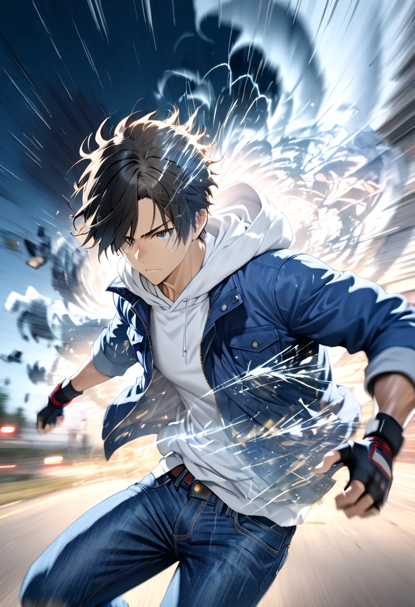 A dark-haired young man scraping through a tornado storm "Asuka"( wearing a white hoodie and blue jacket jeans ,  fingerless driver gloves ),psychic action hero(( Motion Blur :2.0 ,  double exposure:1.5 ,  Background Blurred ))