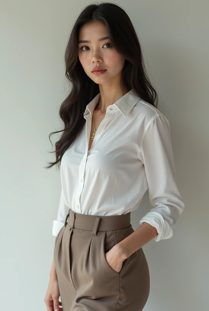 Highest quality, Very detailed, masterpiece, 1 person,Japanese women,(((Perfect female body))),Very beautiful face, Very beautiful body,Gentle expression, Very beautiful eyes,(Perfect Makeup:1.1),Fashion Model,Korean Fashion,Long Hair,Brown Hair:1.3, Big Breasts、Smart Abs,モノトーンビッグサイズShort sleeveシャツ,Ankle Pants,necklace,anklet,Elegant pumps,A kind smile,Full body portrait,(Street background:1.3), (Glowing Skin),(Earrings),indoor、cute、Short sleeve