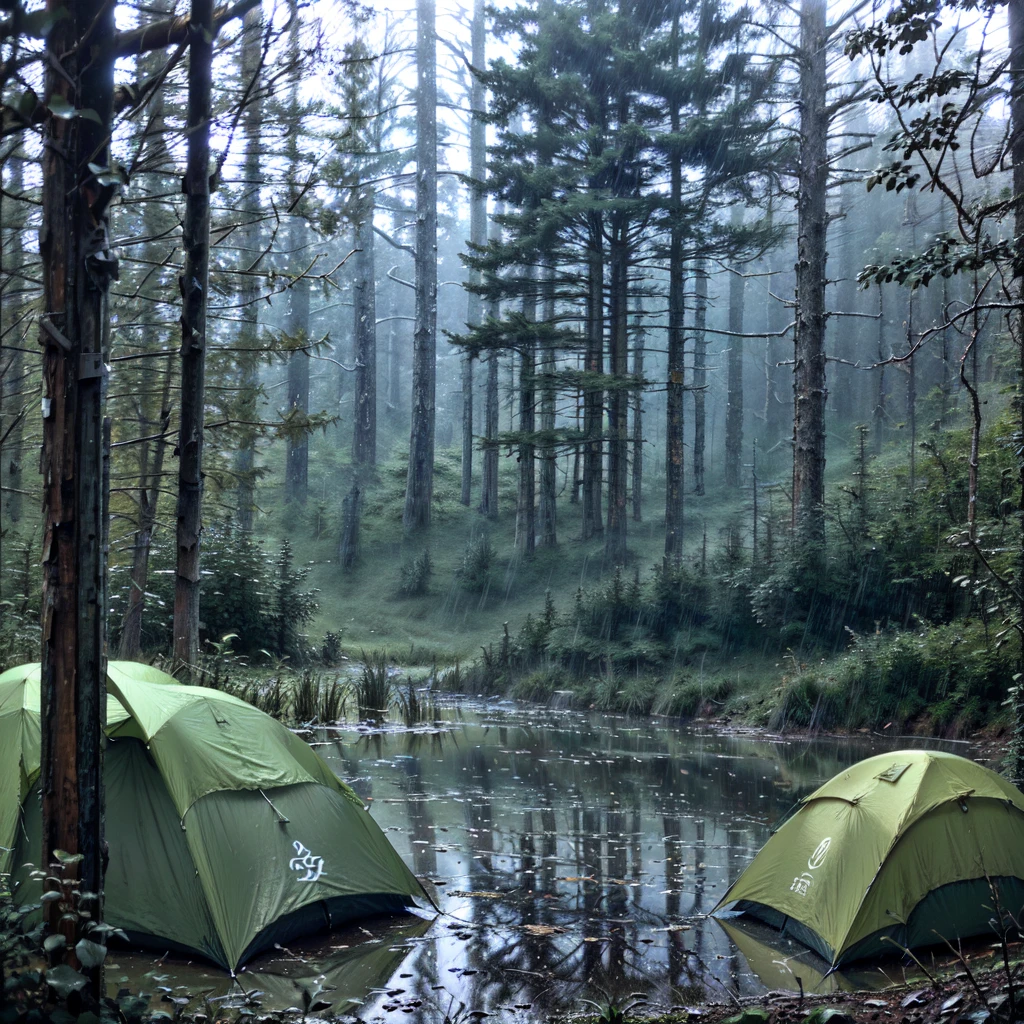 camping in heavy rain, dark sky, Dense forest, Rainy night, Rain, Rainy, Heavy Rain, Rainstorm, One large tent, Tent, Camping, The tent takes up most of the picture.