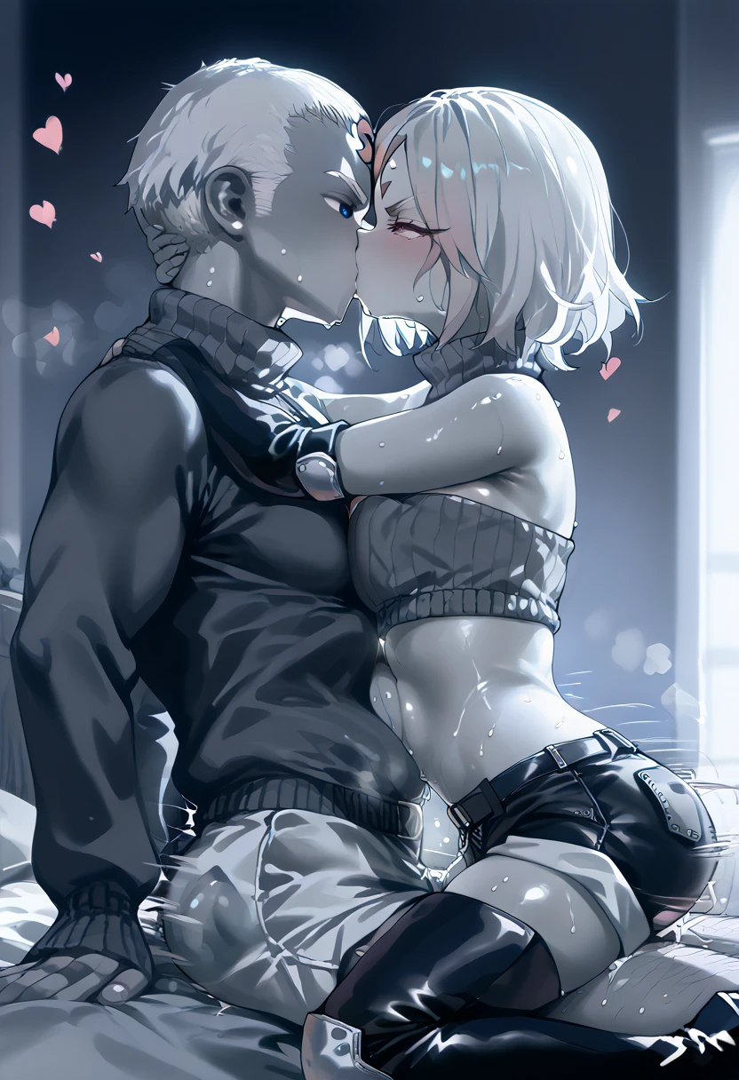 , manga, monochrome, dekosukentr style score_9, score_8_up, score_7_up, source_anime BREAK 1girl, 1boy,  sex from behind, hetero,steam ,steaming body ,stomach ,sweat ,angry, half-closed eyes, kissing, (Flamie Speeddraw, short hair, white hair, colored eyelashes, blue eyes, heterochromia, pink eyes, forehead mark, sweater, clothing cutout, center opening, tube top, shorts, chaps, strap, knee pads, thigh boots,  ), faceless male, netorare, cheating (relationship), father,ugly man, motion lines, moving fast, motion blur, breasts press, crossover, rating_questionable
, hearts