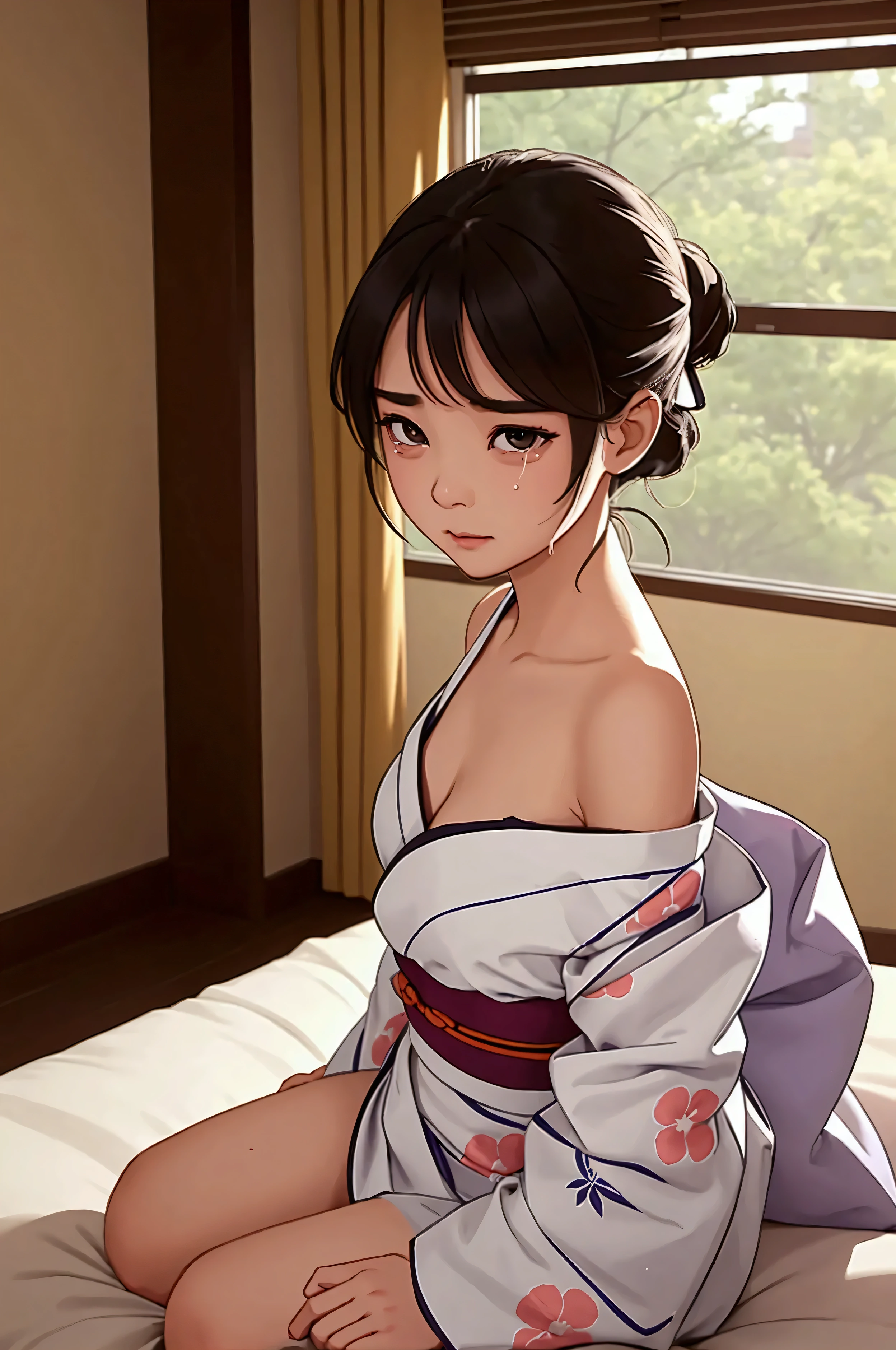  Picture of a woman lying on a futon in a small hotel room 。A beautiful middle school girl with a slender body and big eyes is crying facing the front wearing a yukata with her shoulders sticking out.、Leave it to my uncle 。 A fat man with an excited face approaches her from behind, Put your hands inside the yukata and grab your small breasts.