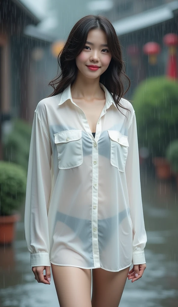 Beautiful Russian Girl on a street in Miami, raining