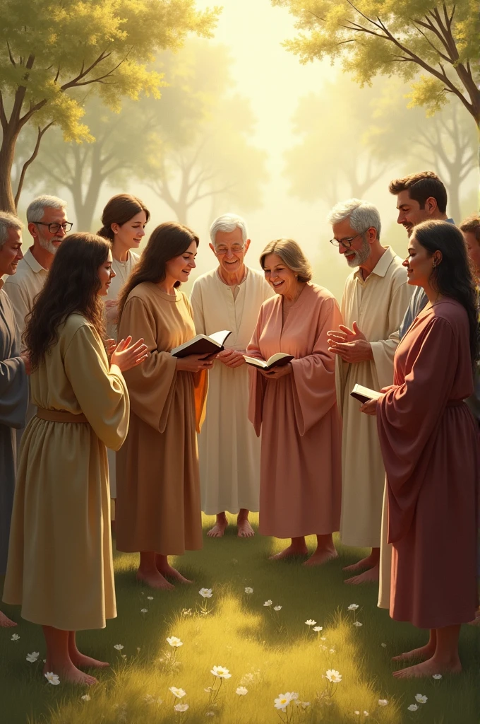 An image with 10 people singing a sun and a landscape