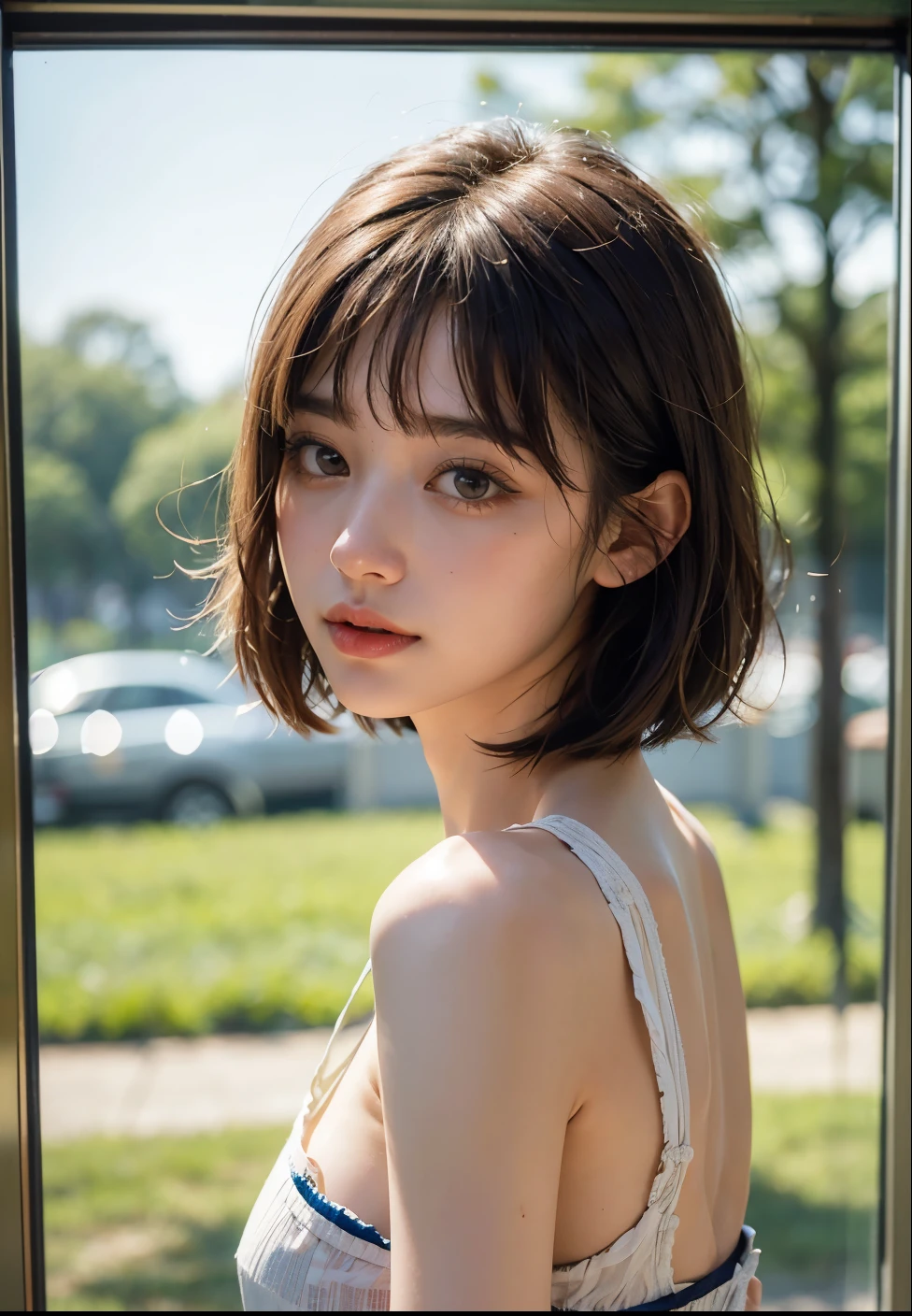 masterpiece, Best Quality, Raw photo, 8K, 1girl, Beautiful detailed skin, backlight, soft light, bashful, (shoot from front), looking up, open your mouth as if you want to say something, Luminescent, Anatomically correct, short hair, bangs, Eyes and faces with detailed, Textured skin, Professional Photography, Bokeh, Portrait, Professional Lighting, Solo, Cute, Girly, Film grain, Mini dress,