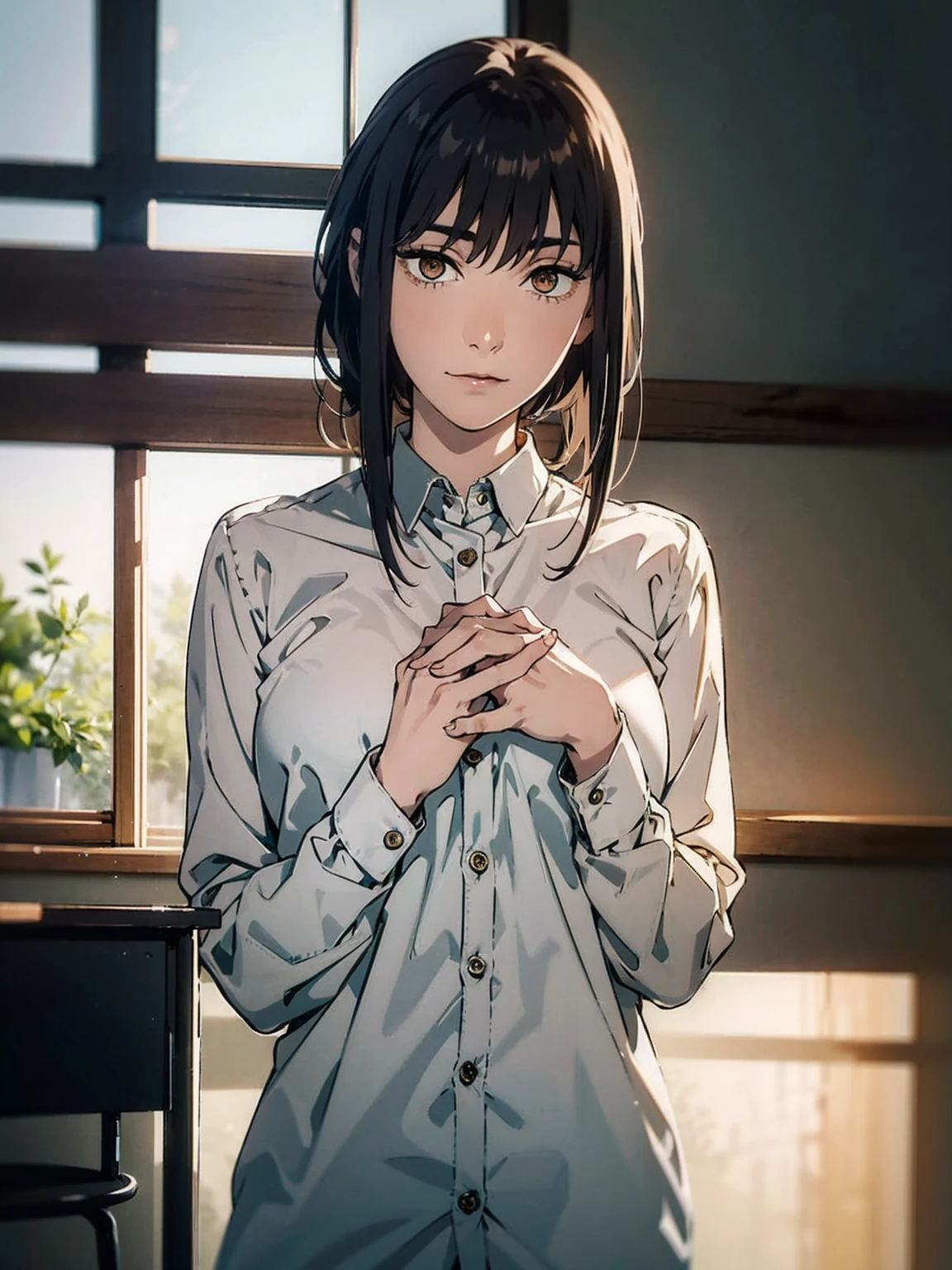 ( Front View ) Woman standing with her hands together in front of her chest, (Makima、 shirt,  ties, pants:0.5) (Realistic detailed face), (High detail), , Symmetrical face, Detailed Students, Expressive eyes,  Real Photos , Contemporary look, 
