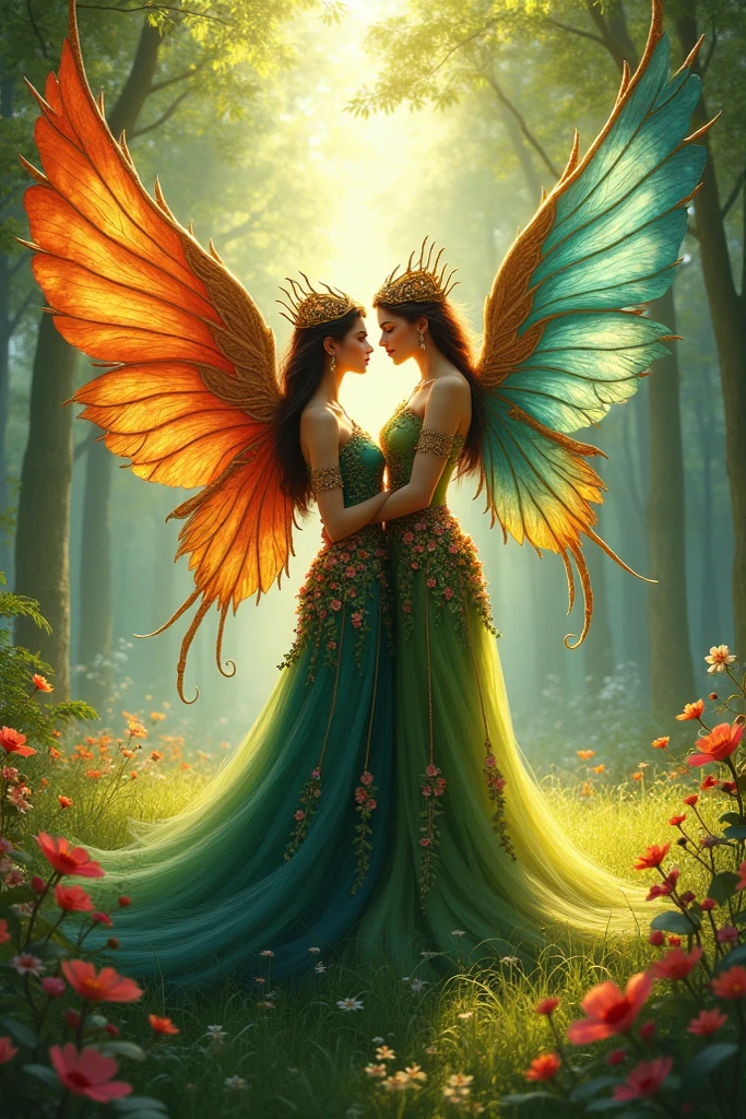 "Create a stunning fantasy artwork of a forest goddess and a mystical forest god. They have vibrant, colorful wings and wear intricate golden crowns. The goddess stands gracefully in the middle of a lush green forest, bathed in soft and warm sunlight, while the god watches over with an aura of majesty. The goddess's jewel-toned gown with floral patterns flows elegantly, blending perfectly with the blooming flowers around her. Her husband visit him and standing in front face to face. And her following her husband dancing romantis