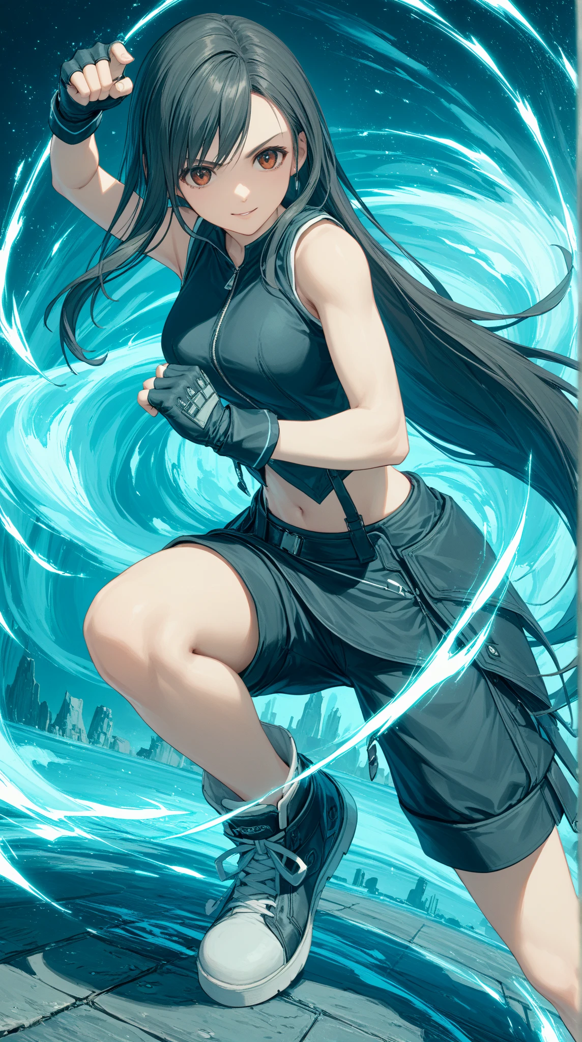 ,solo,1girl\(cute,beauty,acTif, brown eyes, black hair, long hair, black shirt, black tank top, zipper, black skirt, midriff, black shorts, black gloves, arm ribbon, black sneakers,fighting stance,dynamic pose, (dynamic action:1.3),(limit break:1.3),(muscularity:1.3)\). background\(cosmic,lifestream,spirit energy, mana\),(dynamic angle:1.3). score_9, score_8_up, score_7_up, score_6_up, score_5_up, score_4_up, source_anime,source_furry,rating_safe,rating_questionable,masterpiece, best quality, perfect anatomy , very aesthetic , absurdres ,