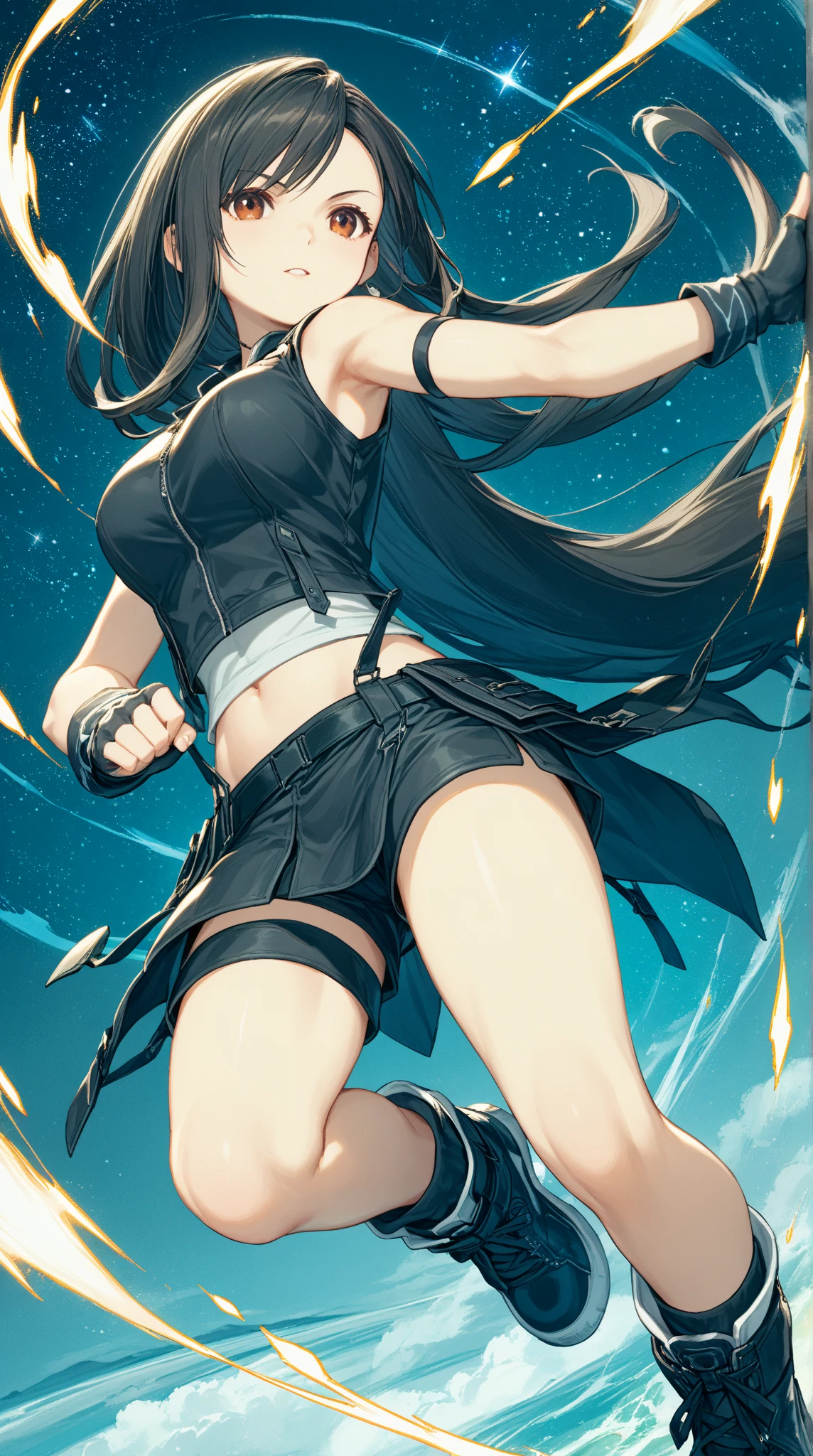 ,solo,1girl\(cute,beauty,acTif, brown eyes, black hair, long hair, black shirt, black tank top, zipper, black skirt, midriff, black shorts, black gloves, arm ribbon, black sneakers,fighting stance,dynamic pose, (dynamic action:1.3),(limit break:1.3),(muscularity:1.3)\). background\(cosmic,lifestream,spirit energy, mana\),(dynamic angle:1.3). score_9, score_8_up, score_7_up, score_6_up, score_5_up, score_4_up, source_anime,source_furry,rating_safe,rating_questionable,masterpiece, best quality, perfect anatomy , very aesthetic , absurdres ,