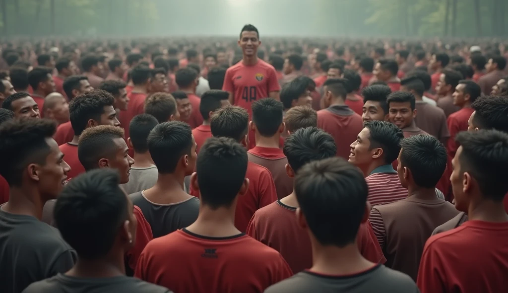 Harjun, un jeune footballeur dans la 24eme d'age portant un maillot crasseux avec un ballon devant ses pieds, son coprs electrisé, se tenant au milieu d'un ode de zombies