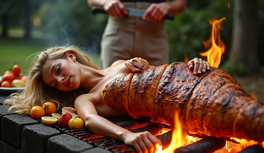 Girl sitting on a hot barbecue plate. buttocks on hot plate., buttocks cooked, we see the butt
