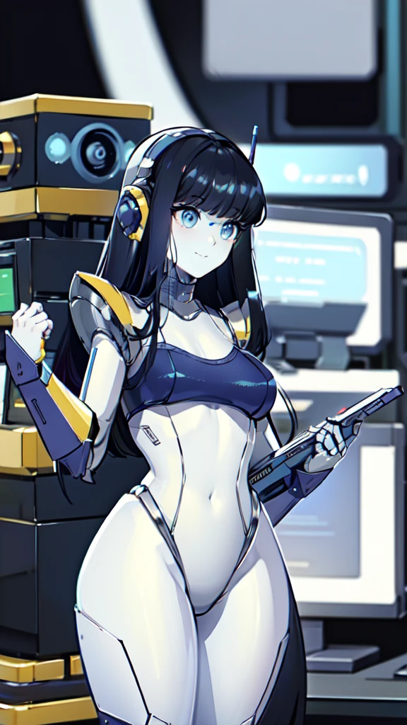 A sexy female android in a bikini is in waifu mode and dancing erotically for the viewer in the living room, erotic, lewd, temptation