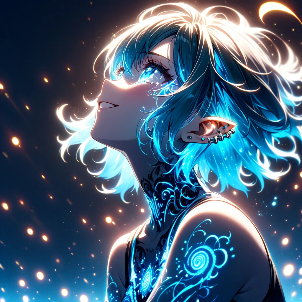  Close up of face 、 Artistic anime illustration of a woman with glowing black flames, glowing tattoos on the arms 。  The tattoo on the arms is a mix of turquoise and dark .、It emits light 。  The woman has short turquoise hair .、 she is wearing a black tank top . Piercings on the ears 、 This scene has a gloomy effect .、  It accentuates the fantastic shine of the tattoo .、eyeliner, she smiles happily and longingly, side view, Looking up, Happy smiling with tears