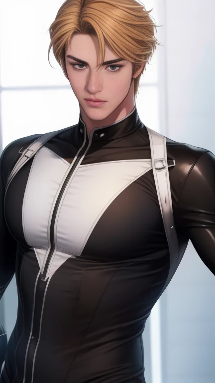 (    最 High Quality  ), (    最 High Quality  ), (Overall view),  beautifully crafted superheroes,  hero costume ,  Handsome, good-looking young man , Slim and thin , With brown skin ,  blonde hair,  Light and flirty ., Black and white ,  detail eyes,  detailed hair, Detailed clothing, Smooth lines,  High Quality 