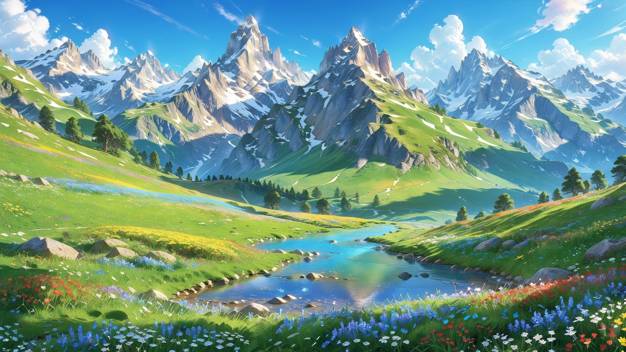 A Masterpiece In 32K Resolution, Supreme Quality, Super Detail, Official Art, Very High-Resolution 32K Wallpaper, Beautiful And Aesthetic, Ultra-Detailed Features, Awe-Inspiring Detail. A Vibrant 32K Depiction Of A High-Altitude Meadow In Full Bloom. Wildflowers In Every Shade Of The Rainbow Carpet The Rolling Hills, With Snow-Capped Peaks Towering In The Distance. A Small, Crystal-Clear Stream Meanders Through The Scene, Reflecting The Azure Sky Above. The Air Is Crisp, And The Meadow Glows Under The Warm Light Of Midday, Inviting A Sense Of Freedom And Renewal.