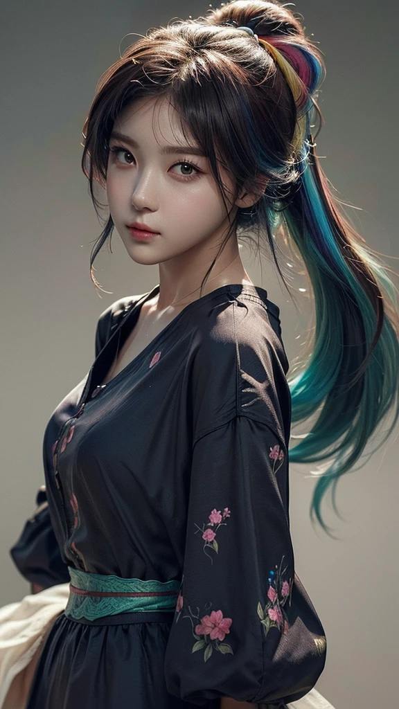 (  colorful large silhouette top,  everyday clothing and mode type  :1.0), 8k wallpaper, wonderful, (masterpiece), (  top quality), ( VERY DETAILED ), (illustration), (  very detailed and beautiful  ),dynamic angle,rainbow hair  , Detailed and cute face  ,  very detailed and beautiful  girl,