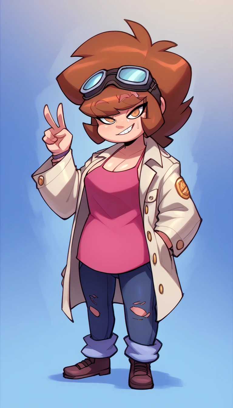 1girl, solo, gold eyes, full body, Long Open white trench coat, oversized shirt, baggy pants, socks, white scruffy low ponytail, scars over body, female, bigdad artstyle, bigdad, human, chromatic aberration, hands out, peace sign, chubby, goggles on head, goggles