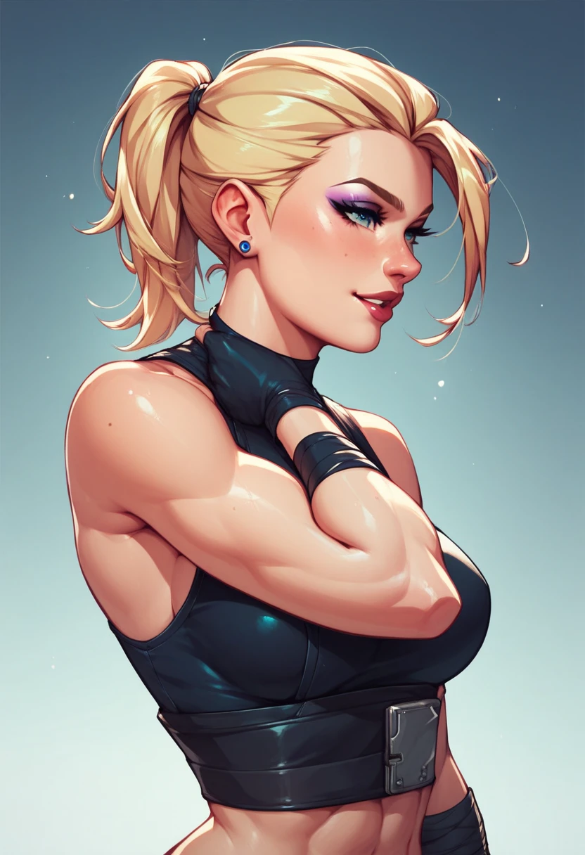 (masterpiece), Blonde Caucasian Woman, short hair, Messy Hair (Highest quality), Super Resolution, Super detailed, Perfect lighting, An athletic body, Strong and muscular, Large and firm breasts, Black sweatpants, Wearing a black top, Black leggings, Facial expression happiness, Focus on women, In combat readiness, blue eyes, smile, barefoot, Manhattan at night, moon