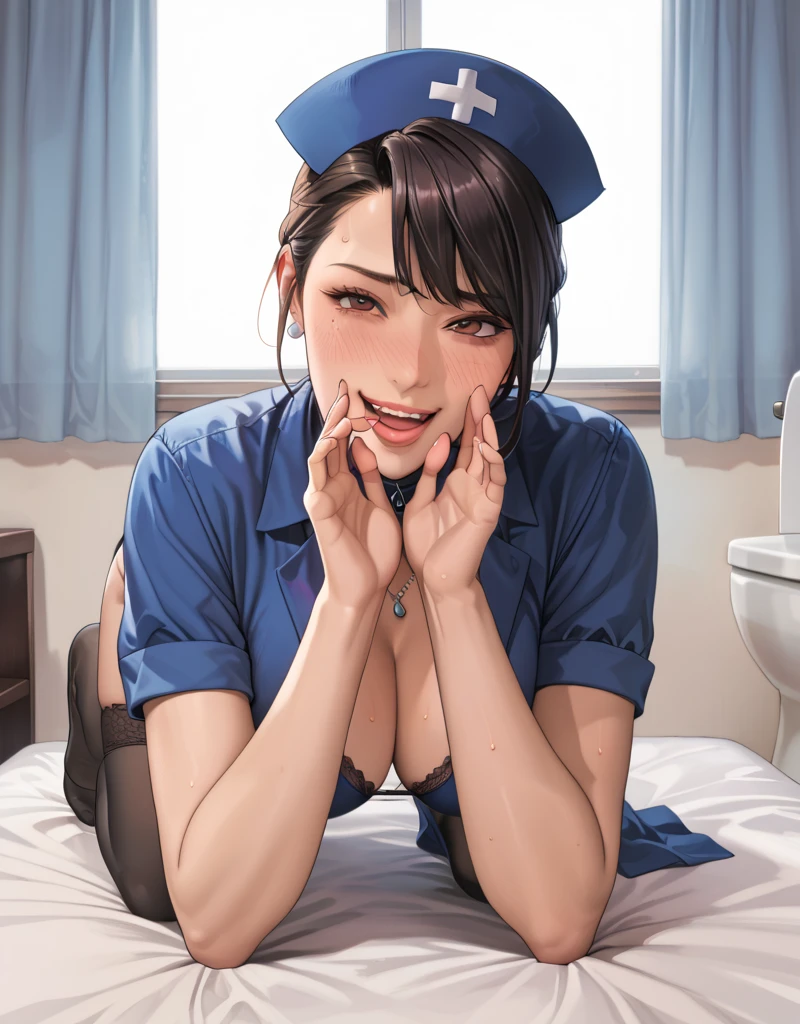 big, masterpiece,perfect anatomy,highres,white lingerie,(vulgarity,orgasm:1.8),1girl,breast squeeze (1boy,big penis,excessive cum ,cum in breasts:1.3),pov, on breasts,(large breats,pointy breasts,nurse cap:1.5),((dangle earrings)), breast focus, taking a on her face, string tits,,, sexy pose,