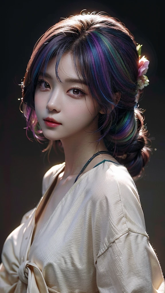 (  colorful large silhouette top,  everyday clothing and mode type  :1.0), 8k wallpaper, wonderful, (masterpiece), (  top quality), ( VERY DETAILED ), (illustration), (  very detailed and beautiful  ),dynamic angle,rainbow hair  , Detailed and cute face  ,  very detailed and beautiful  girl,