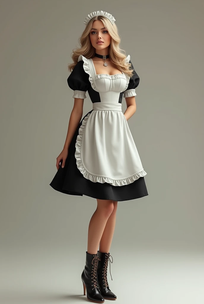   A beautiful looking woman around 40 years old,   long blonde hair , Maid Costume, black leather boots with cute lacing pattern,   full body shot   