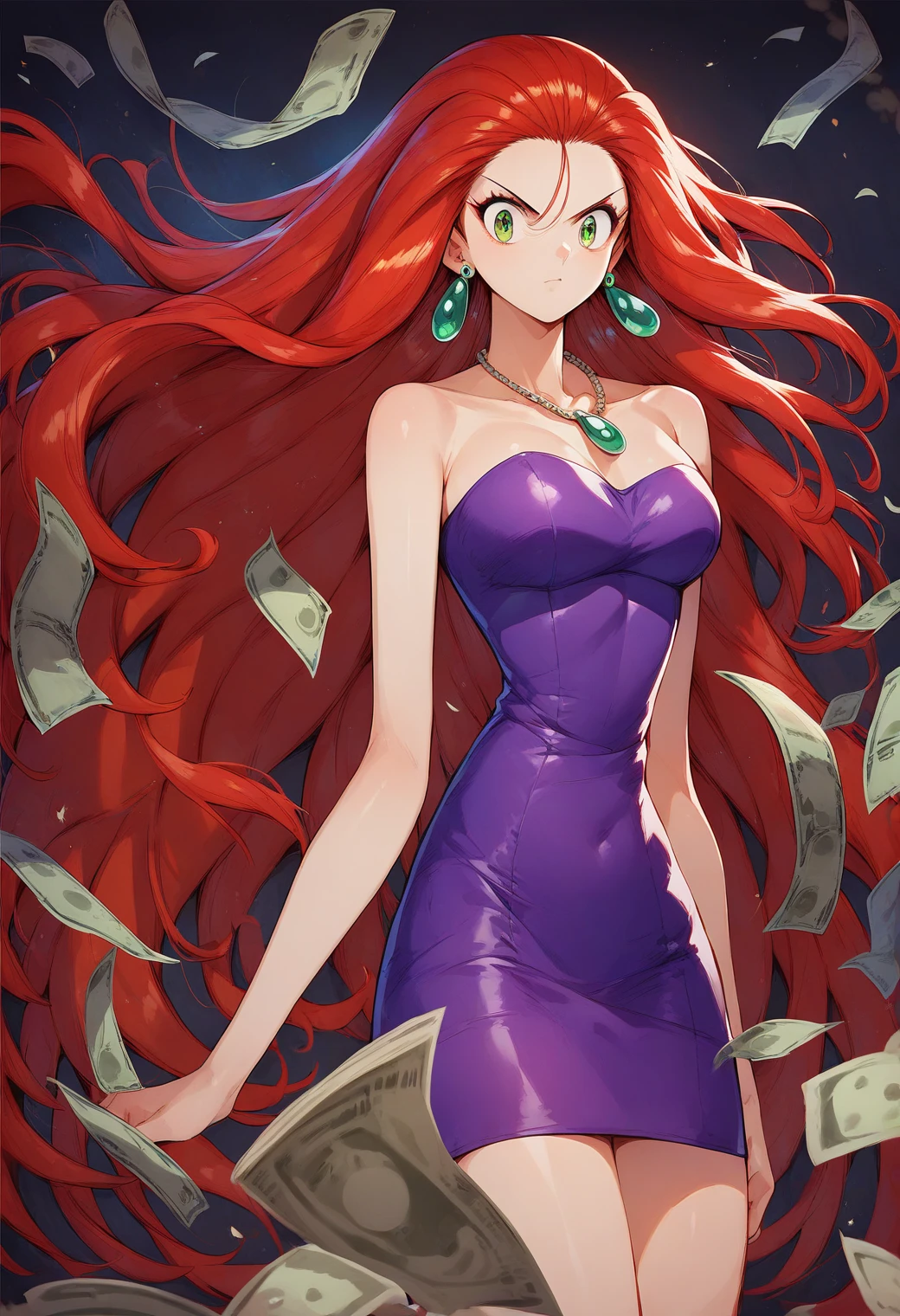 Mikami_Reiko, Green Eyes, Red Hair,  long hair, amount,  earrings for a woman alone,  Necklaces ,  clevis, Bare shoulders, Purple Dress, Short dress,  strapless dress ,  Tube Dress ,Expel demons with Jinzu sticks and money