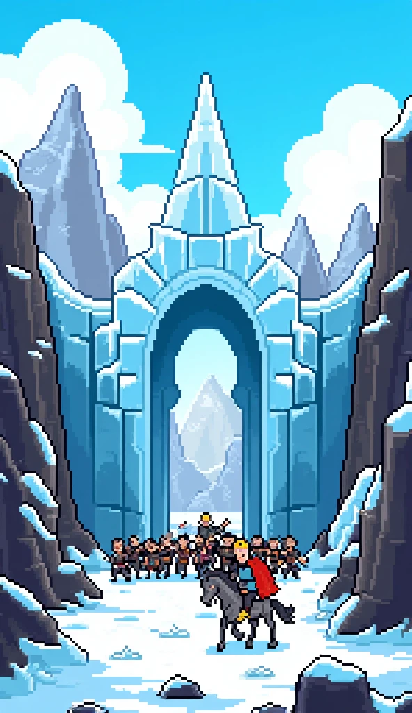 (Pixel art), (8 bit), retro game, ice kingdom, ice castle in rocky valley, ice wall, King on horse go throu Gate in wall, army waiting for him, 8 bit Pixel, scenery