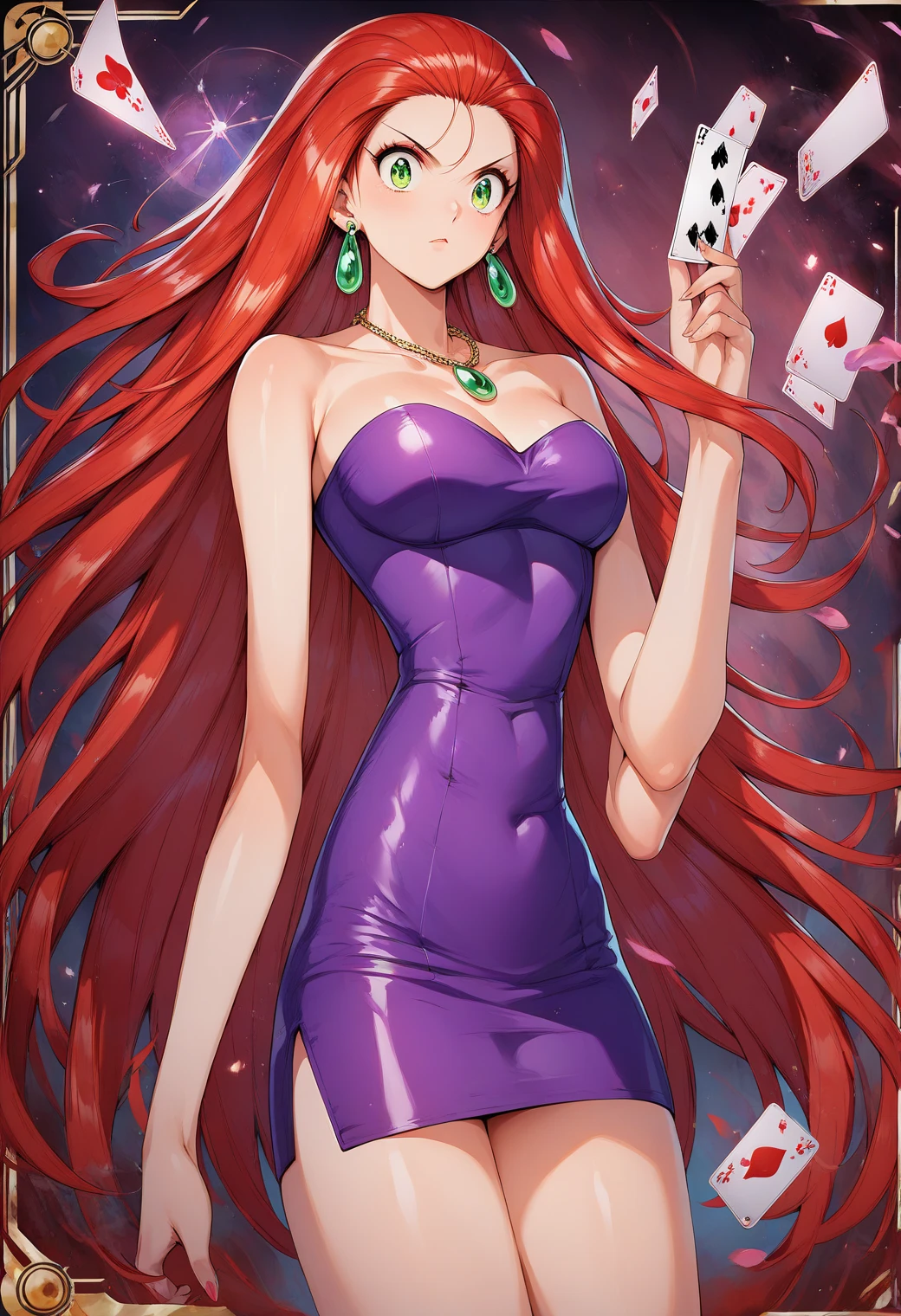 Mikami_Reiko, Green Eyes, Red Hair,  long hair, amount,  earrings for a woman alone,  Necklaces ,  clevis, Bare shoulders, Purple Dress, Short dress,  strapless dress ,  Tube Dress , exorcise demons with a magic wand and a card、Exorcise 