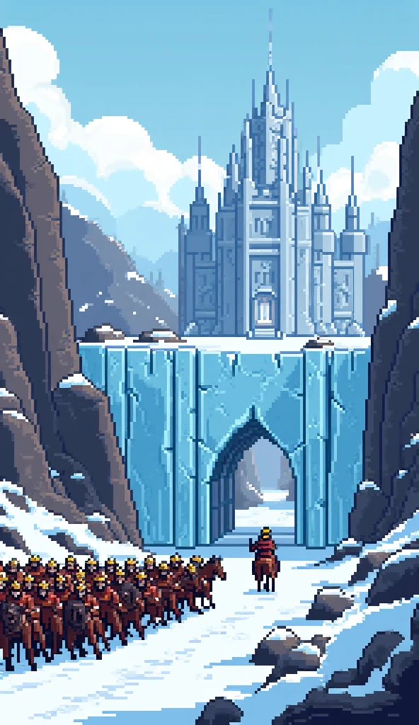 (Pixel art), (8 bit), retro game, ice kingdom, ice huge castle in rocky valley in background, ice wall, King on horse go throu Gate in wall, army waiting for him, 8 bit Pixel, scenery