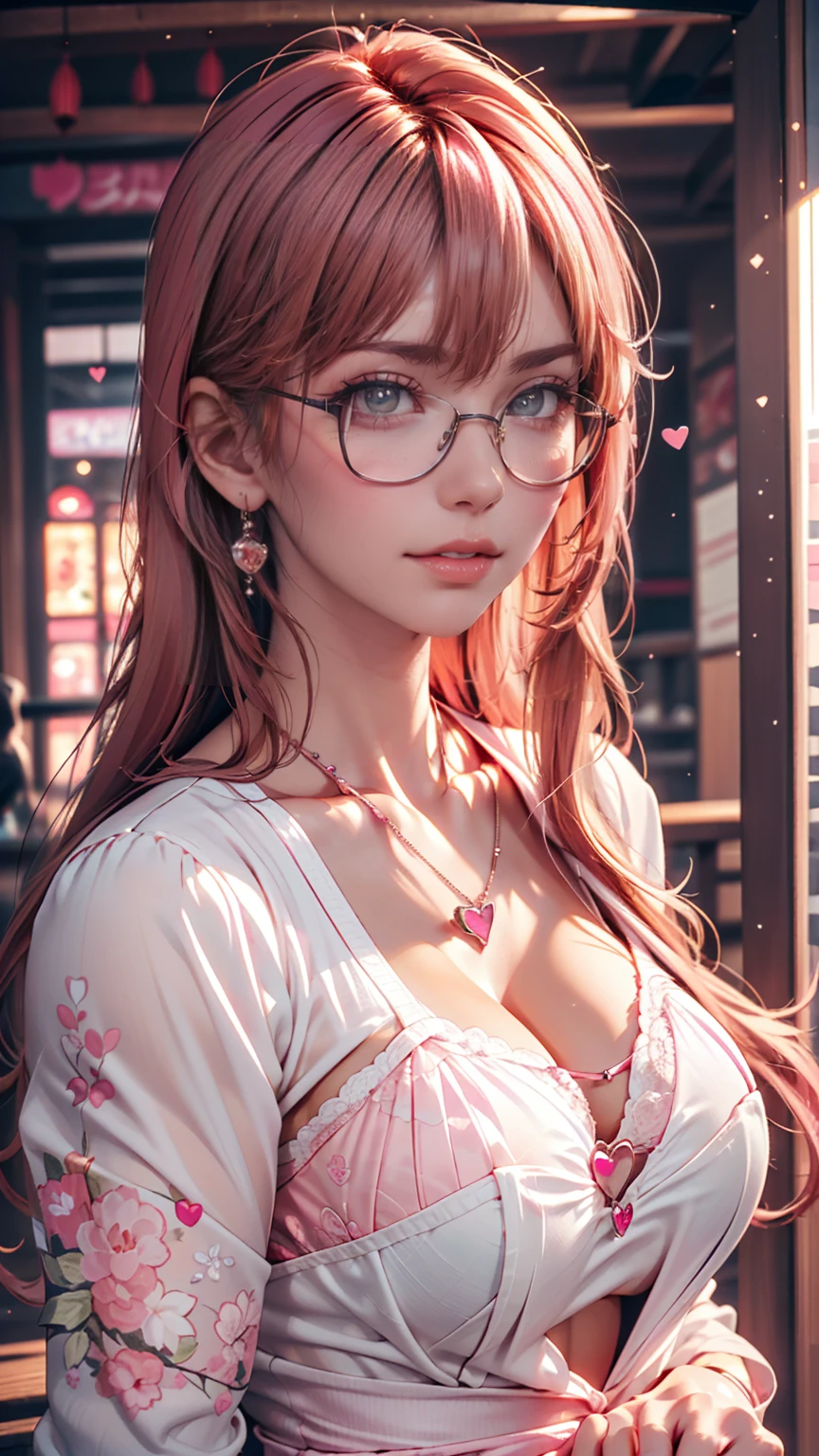 Close-up of a woman with  pink hair wearing glasses, artwork in Gubes style, Gubes,  cute realistic portrait ,  Kawauchi Rinko  , glowing  pink face,  pink girl,  Beautiful Animated Portraits ,  pink glasses, glowing  pink eyes,  realistic anime 3d style , Yanjun City,  heart jewel necklace , (( pink)8k