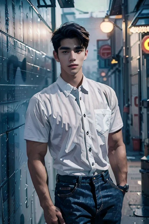 age 20 year old man , (armface:1.3) , Handsome young man standing, (have a mustache:0.8) , (short hair:1.2), The forearms are muscular., (Collared shirt with buttons:1.2), (white shirt:1.2),Jeans, Big muscles, Handsome and muscular, full body angle, (The front of an old building:1.1), , (nighttime:1.3), Neon lights