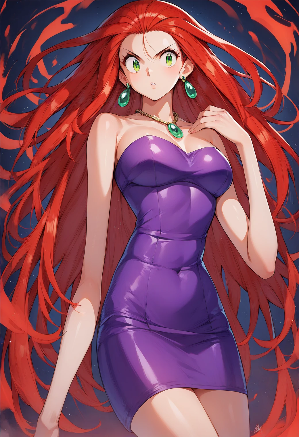 Mikami_Reiko, Green Eyes, Red Hair,  long hair, amount,  earrings for a woman alone,  Necklaces ,  clevis, Bare shoulders, Purple Dress, Short dress,  strapless dress ,  Tube Dress ,Evil spirits are dispersed with a bill、Exorcise 　Male ghost