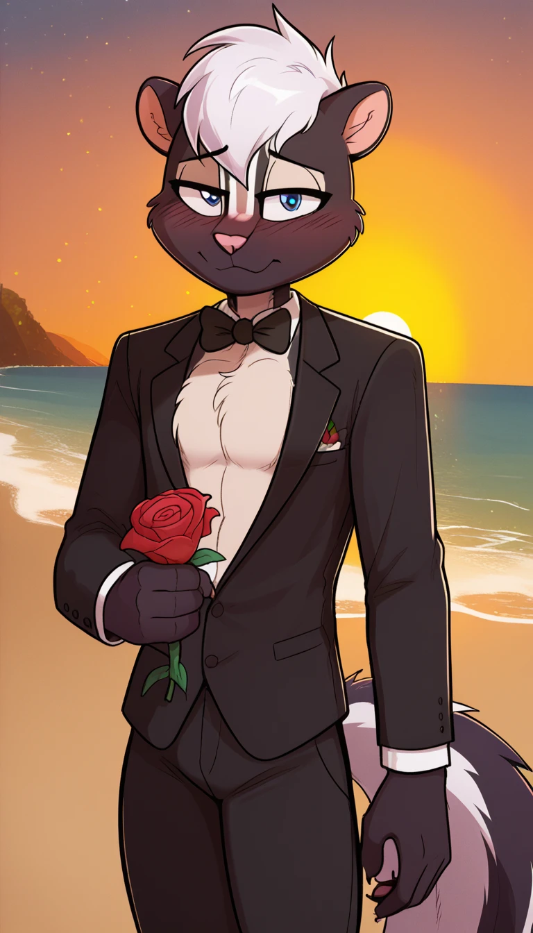 masterpiece, best quality, nervous expression, male, anthro, furry, black fur, fluffy fur, French striped skunk boy, furry, skunk ears, black animal nose, cute eyes, blue eyes, skunk tail, white hair, long stable hair, (white hair), solo, (beach), sunset, detailed, buff muscular chest, French black tuxedo suit with black tuxedo pants, holding a rose, shy, head tilt, adult (19 years), flat chest, buff thighs, half-closed eyes, blush, looking at the viewer, standing, (kilinah), light particles, score_9, score_8_up, score_7_up, score_6_up, score_5_up, score_4_up